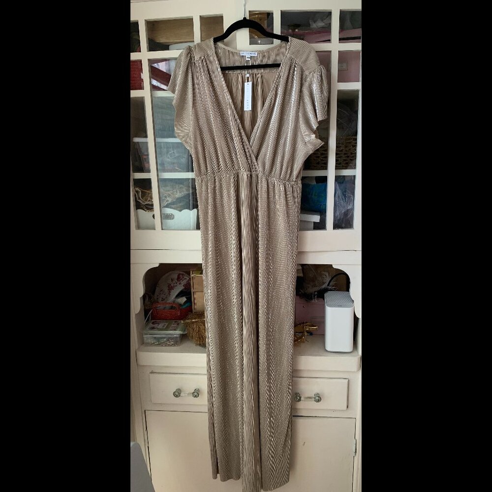 Baltic Born Athena Champagne Silver Metallic Long V Neck Faux Wrap Event Dress - Picture 2 of 4